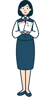 はがきを持った窓口社員（女性）の全身