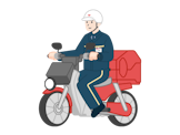 バイクに乗った集配社員（男性）の全身斜め