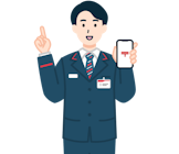 スマホを持ち指差しする窓口社員（男性）