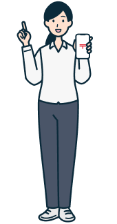 スマホを持ち指差しするお客さま（女性）の全身