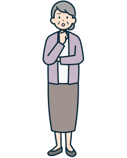 顎に手を当てた困り顔の高齢のお客さま（女性）の全身