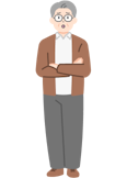 腕を組んだ困り顔の高齢のお客さま（男性）の全身