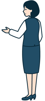 案内する窓口社員（女性）の全身背面斜め