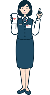 スマホを持ち指差しする窓口社員（女性）の全身2