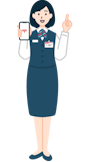 スマホを持ち指差しする窓口社員（女性）の全身2