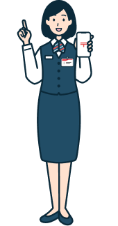 スマホを持ち指差しする窓口社員（女性）の全身