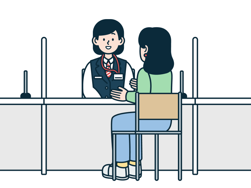 窓口で接客を受けるお客さま（女性）のイラスト