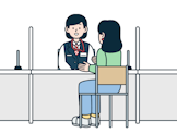 窓口で接客を受けるお客さま（女性）のイラスト