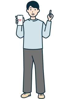 スマホを持ち指差しするお客さま（男性）の全身2