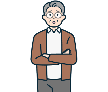 腕を組んだ困り顔の高齢のお客さま（男性）