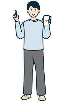 スマホを持ち指差しするお客さま（男性）の全身