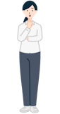 顎に手を当てた困り顔のお客さま（女性）の全身
