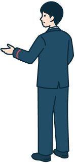 案内する窓口社員（男性）の全身背面斜め