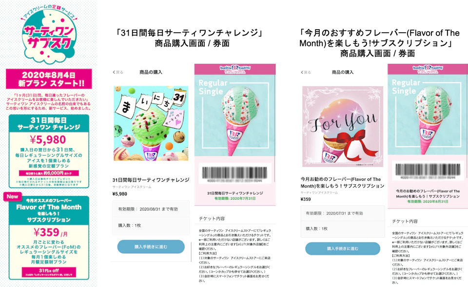 商品購入画面および券面