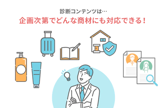 診断コンテンツが対応できる商材と女性のイラスト