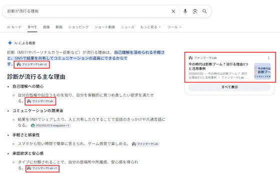 ファンマーケlabで制作した記事がAI Overviewsに引用されている様子