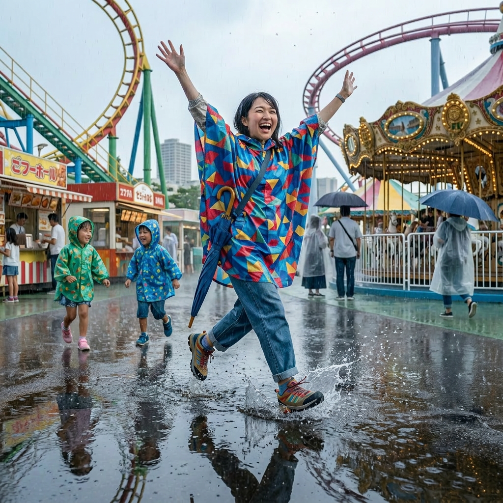 レインポンチョを着て雨の日のパークを楽しむ様子