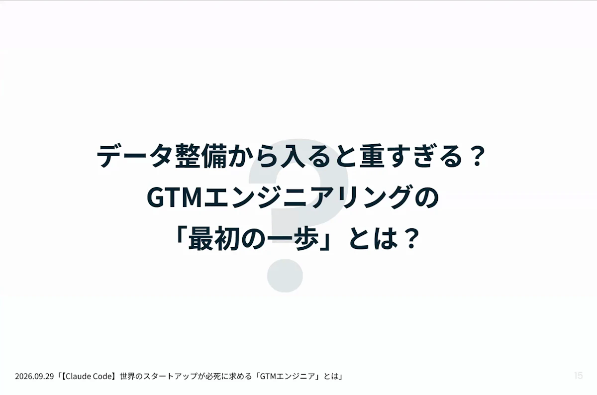 ディスカッションのテーマ「データ整備から入ると重すぎる？GTMエンジニアリングの最初の一歩とは？」のスライド