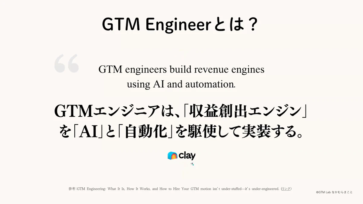 GTMエンジニアは「収益創出エンジン」を「AI」と「自動化」を駆使して実装する、というClayの定義を紹介するスライド