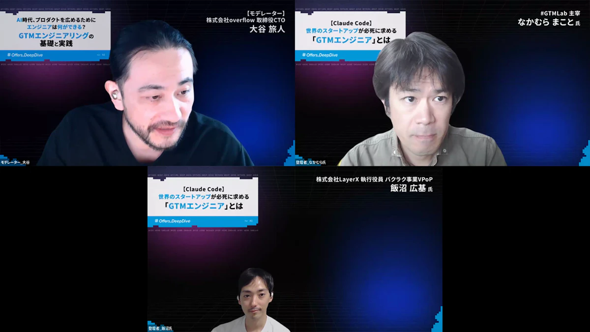 ディスカッションに臨む株式会社overflow 大谷旅人、#GTMLab主宰 なかむらまこと氏、株式会社LayerX 飯沼広基氏