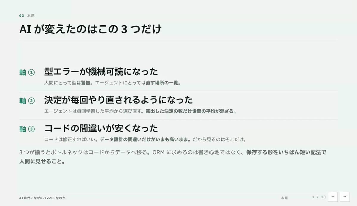 型エラーが機械可読になった・決定が毎回やり直される・コードの間違いが安くなったという、AIが変えた3つの軸を示すKenn Ejima様のスライド