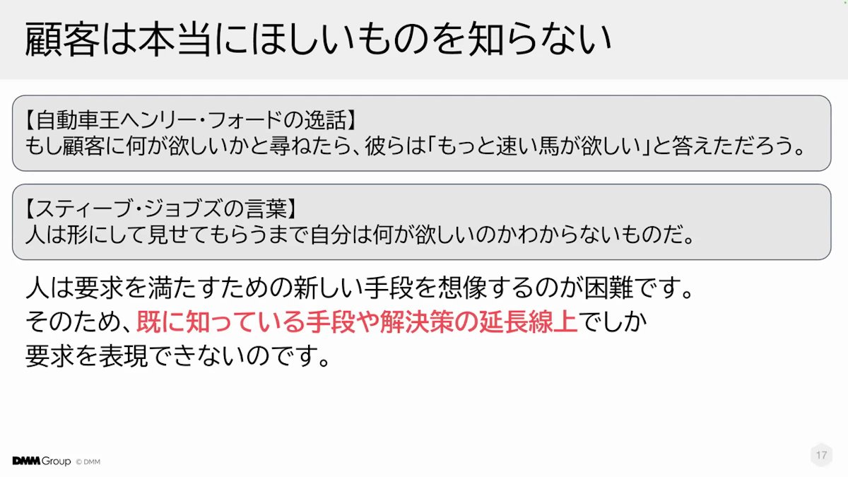 ヘンリー・フォードの「もっと速い馬が欲しい」とスティーブ・ジョブズの言葉を引き、人は既に知っている手段の延長線上でしか要求を表現できないと示すスライド