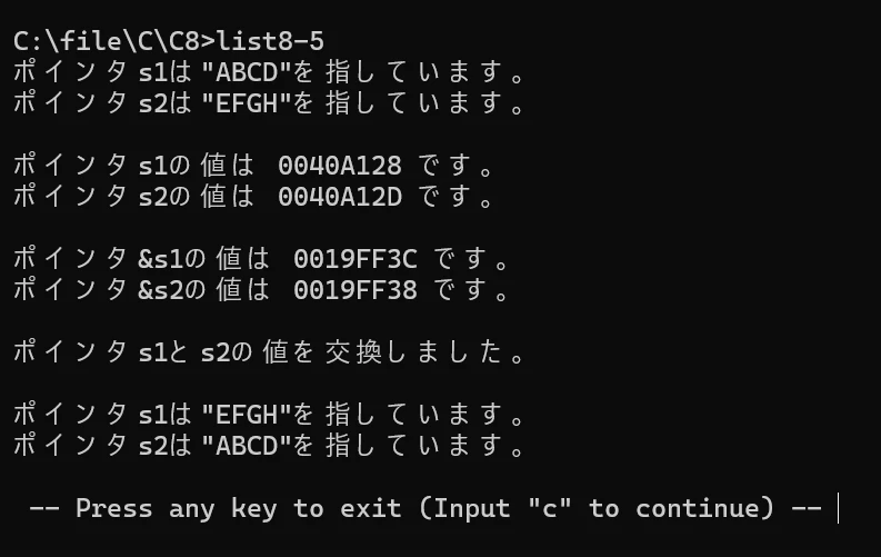 list8-5 の実行結果。ポインタ s1 が