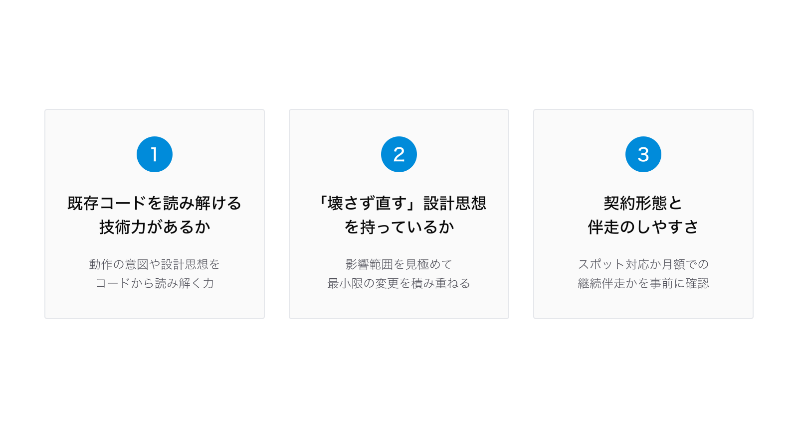 レガシーシステムの保守を依頼する会社を選ぶときに見るべき3つの基準：1. 既存コードを読み解ける技術力があるか、2. 「壊さず直す」設計思想を持っているか、3. 契約形態と伴走のしやすさ
