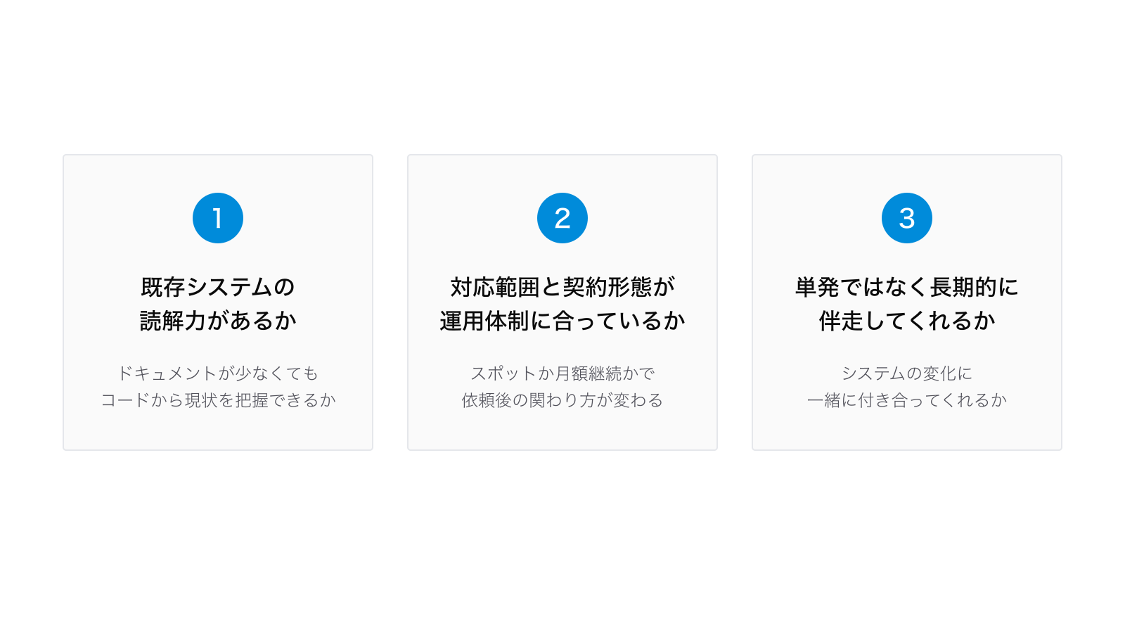 保守を依頼する会社を選ぶときの3つの確認ポイント:1. ドキュメントが少なくてもコードから現状を把握できる既存システムの読解力があるか、2. 対応範囲と契約形態が自社の運用体制に合っているか、3. 単発ではなく長期的に伴走してくれるか