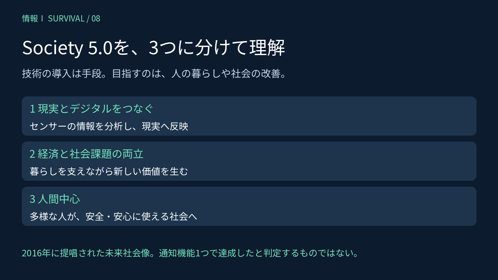Society 5.0を現実とデジタルの融合、経済と社会課題の両立、人間中心の3点で整理する図