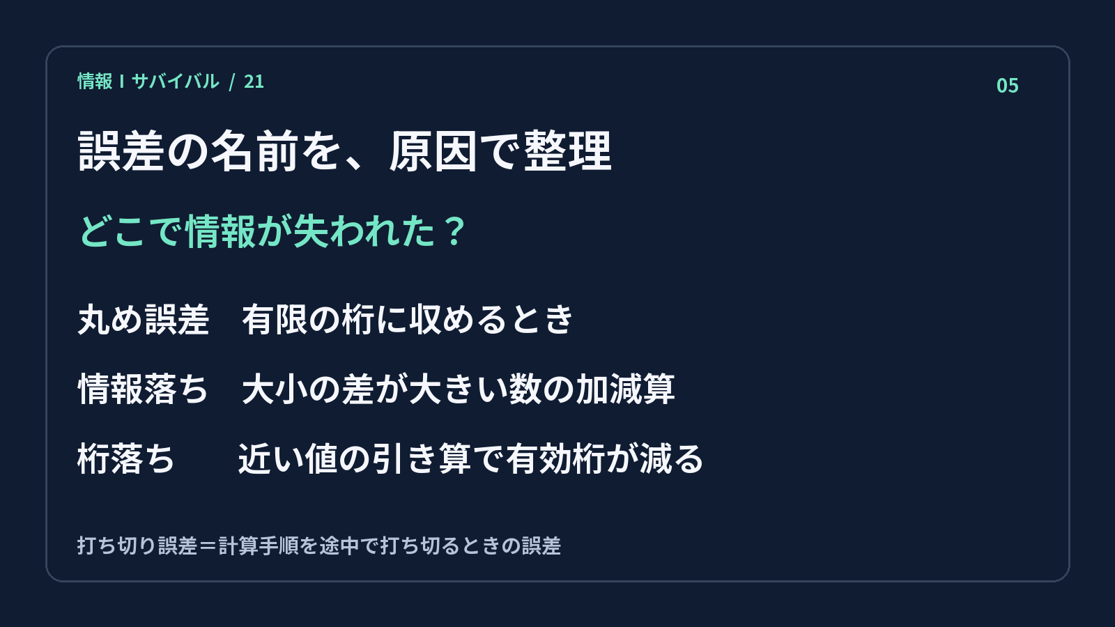 丸め誤差・情報落ち・桁落ちを原因で整理した図