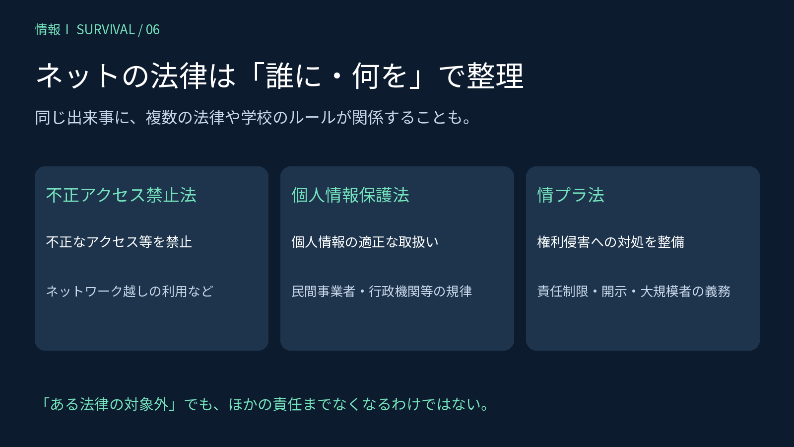 不正アクセス禁止法、個人情報保護法、情プラ法の対象と役割の比較