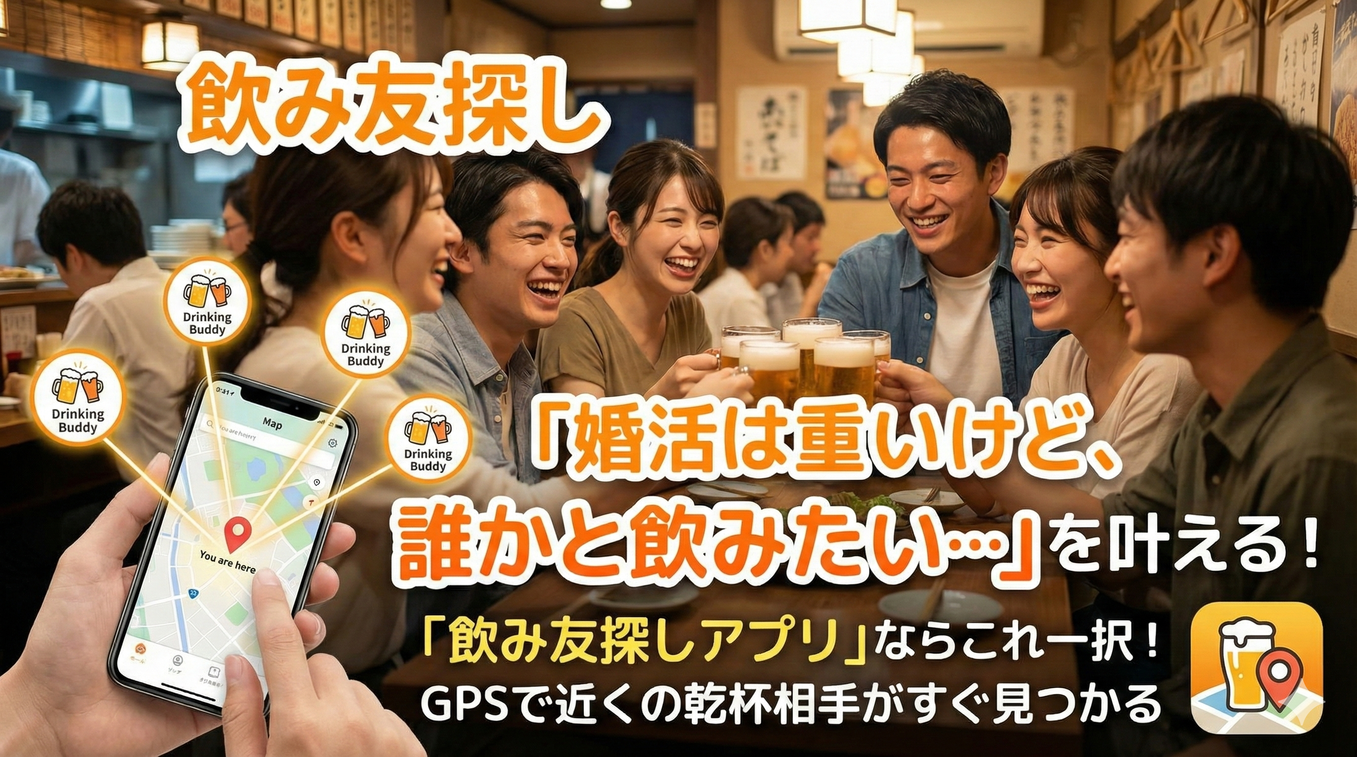 【2026年決定版】「飲み友探しアプリ」ならこれ一択！婚活は重いけど誰かと飲みたい…を叶えるGPSアプリ のサムネイル