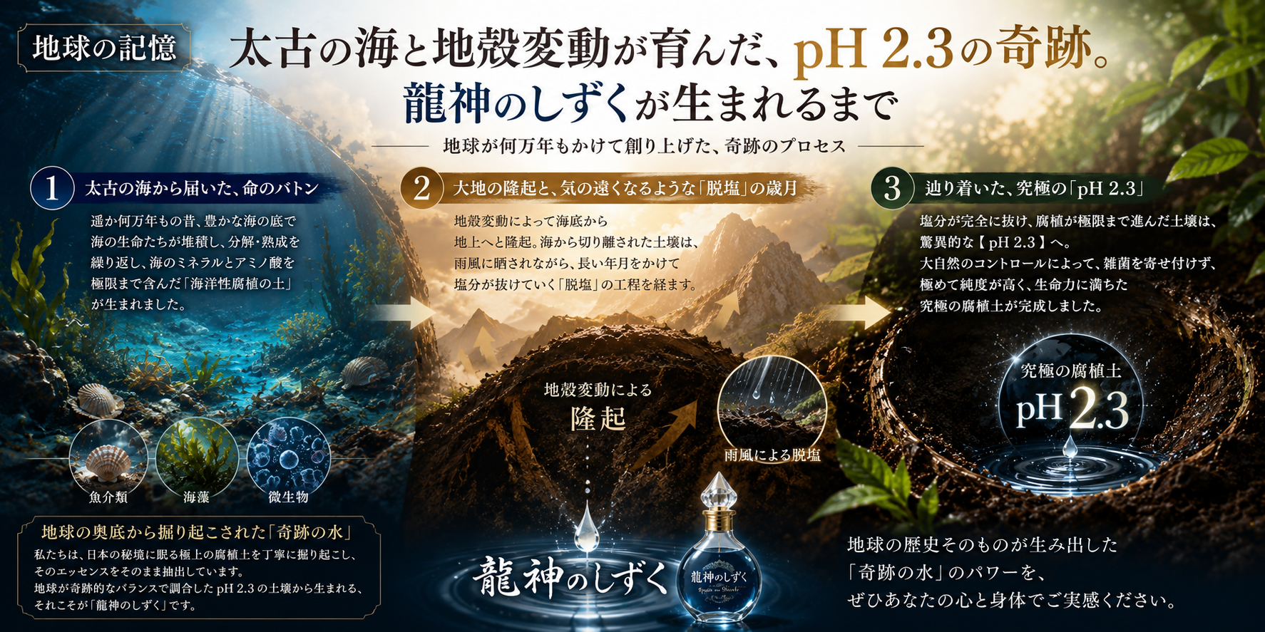 【地球の記憶】太古の海と地殻変動が育んだ、pH 2.3の奇跡。龍神のしずくが生まれるまで