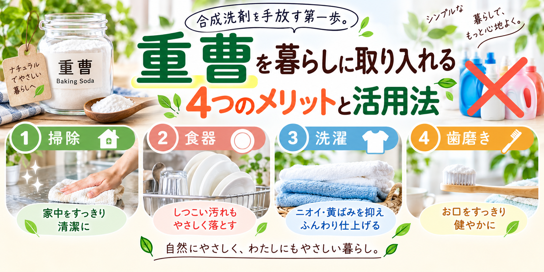合成洗剤を手放す第一歩。重曹を暮らし（掃除・食器・洗濯・歯磨き）に取り入れる4つのメリットと活用法