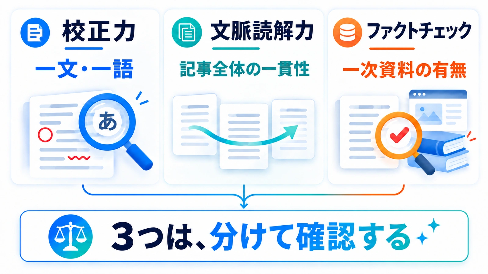 校正力は一文・一語、文脈読解力は記事全体の一貫性、ファクトチェックは一次資料の有無を見る。3つは分けて確認することを示した図