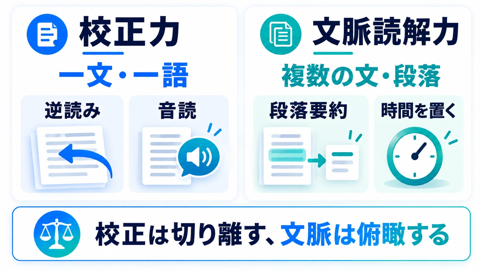校正力は一文・一語を見る力で、逆読みと音読で鍛える。文脈読解力は複数の文・段落を見る力で、段落要約と時間を置く方法で鍛える。校正は切り離し、文脈は俯瞰することを示した図