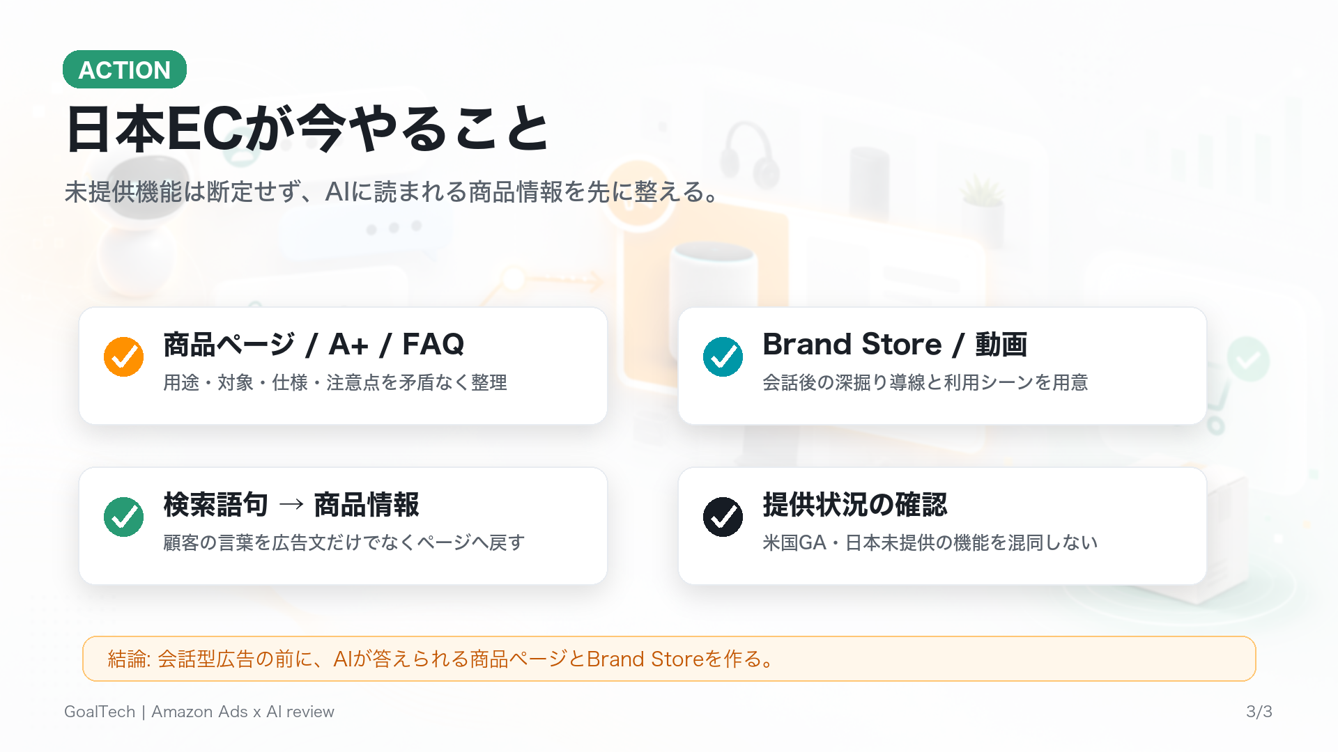 日本のEC事業者がAlexa+エージェント型広告時代に準備すべき商品ページ、Brand Store、検索語句、提供状況確認の図解スライド