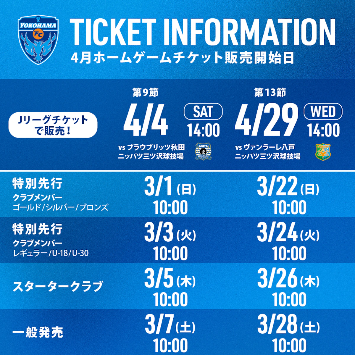 4月開催ホームゲームのチケット販売について