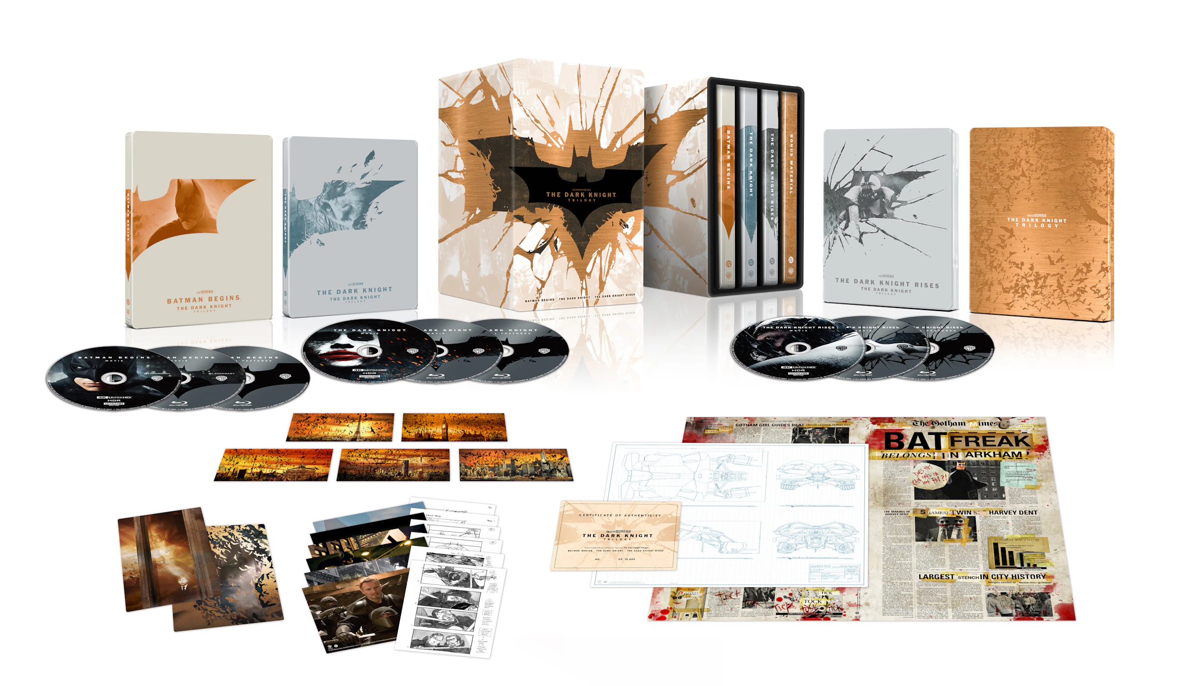 【限定生産】ダークナイト トリロジー　メタルケース＆スチールブック仕様　４Ｋ ＵＨＤ ＋ ブルーレイ セット（９枚組／ペーパープレミアム付）展開図