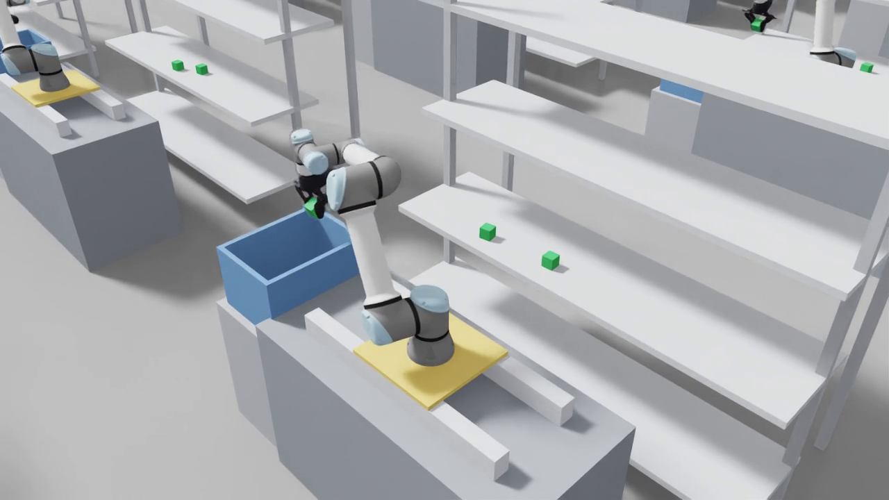 A cell in the simulator: arm, gripper, shelf, target object