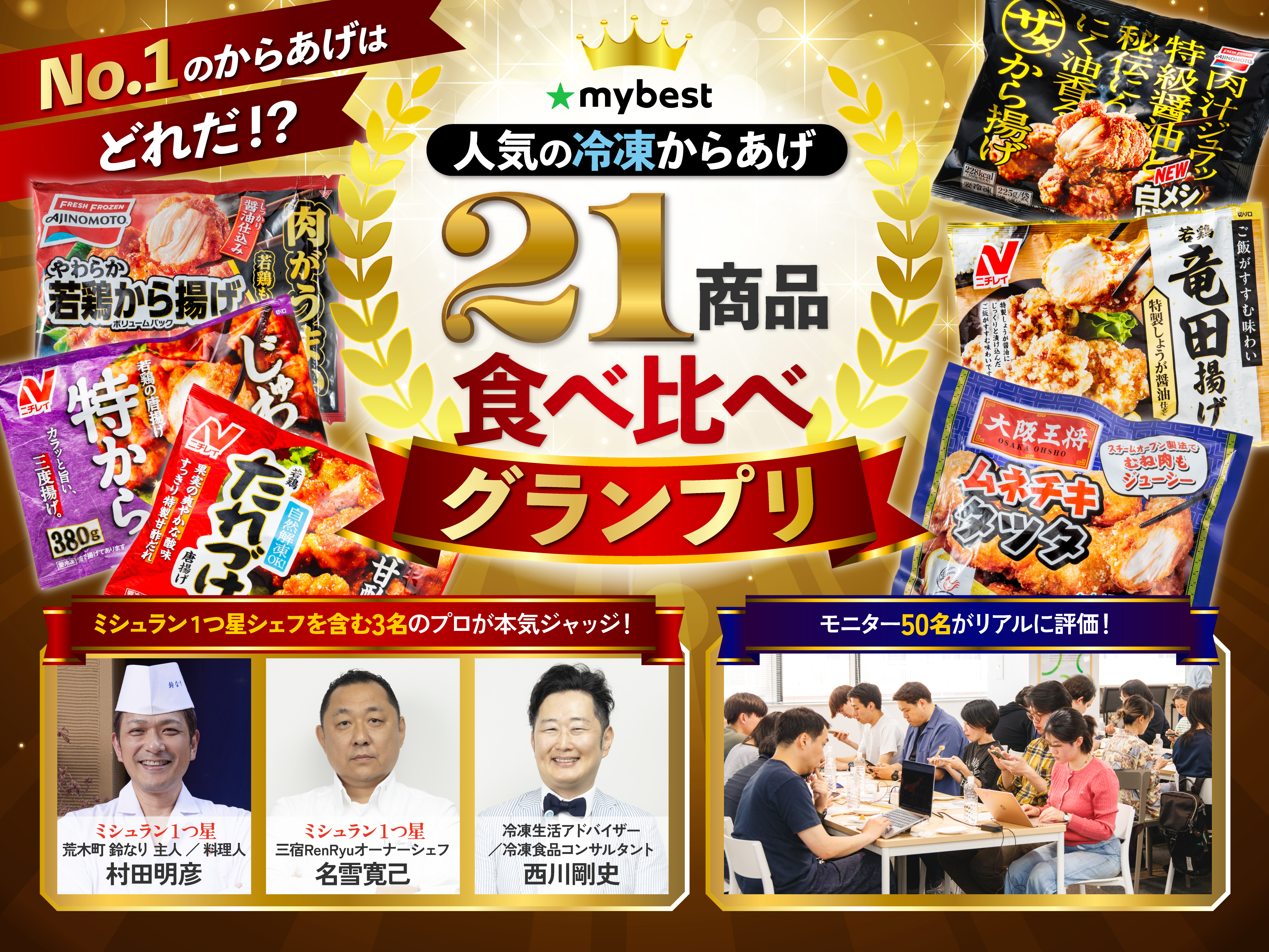 月間3,000万人が利用する商品比較サービスを運営する「マイベスト」 専門家3名と一般モニター50名が1番おいしい冷凍からあげを決定  「冷凍からあげ 21商品食べ比べグランプリ」を開催 〜温冷両方で徹底評価。プロが揃って注目したのは“衣の食感”〜