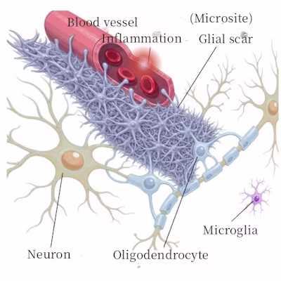 Medical illustration showing brain inflammation and glial scar formation after stroke, depicting neurons, oligodendrocytes, microglia, and blood vessels with English labels