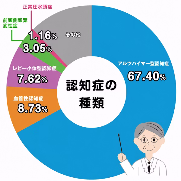 認知症の種類の割合を示す円グラフ。アルツハイマー型認知症67.40％、血管性認知症8.73％、レビー小体型認知症7.62％、前頭側頭葉変性症3.05％、正常圧水頭症1.16％、その他