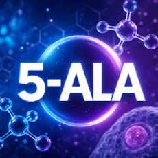 5-ALA（5-アミノレブリン酸）をイメージした分子構造と細胞のイラスト
