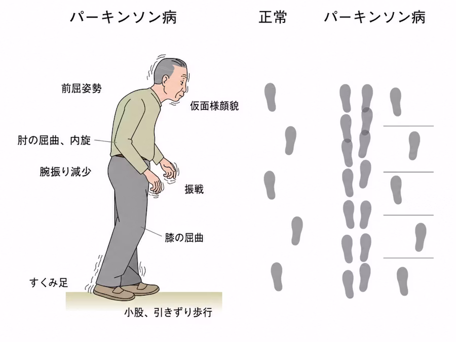 パーキンソン病の人の運動・歩行の特徴を示す図。前屈姿勢、仮面様顔貌、肘の屈曲・内反、腕振りの減少、振戦、膝の屈曲、すくみ足などの症状と、正常な歩行と比べた小刻み・引きずり歩行の足跡の違いを表している。
