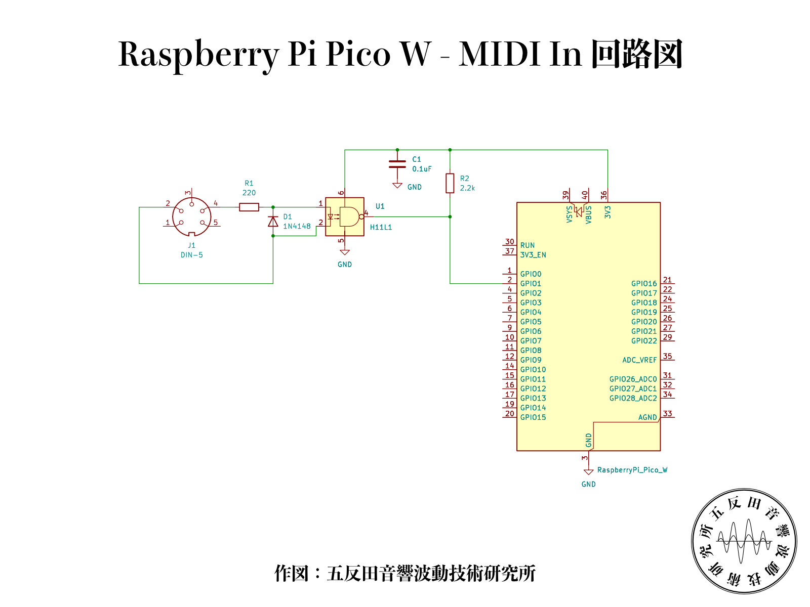 Pico WにMIDI INを追加した回路図