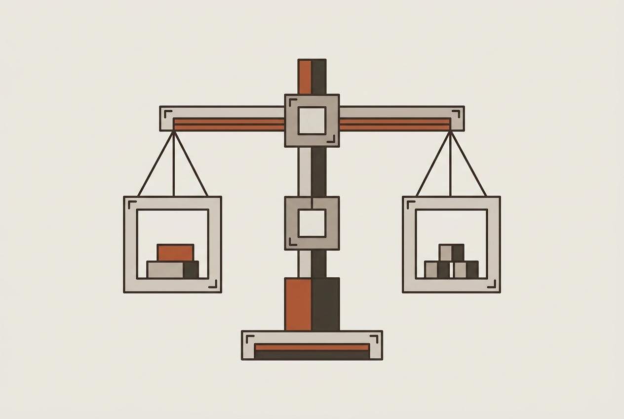 幾何学的な建物と帳簿の線で構成された天秤のイラスト