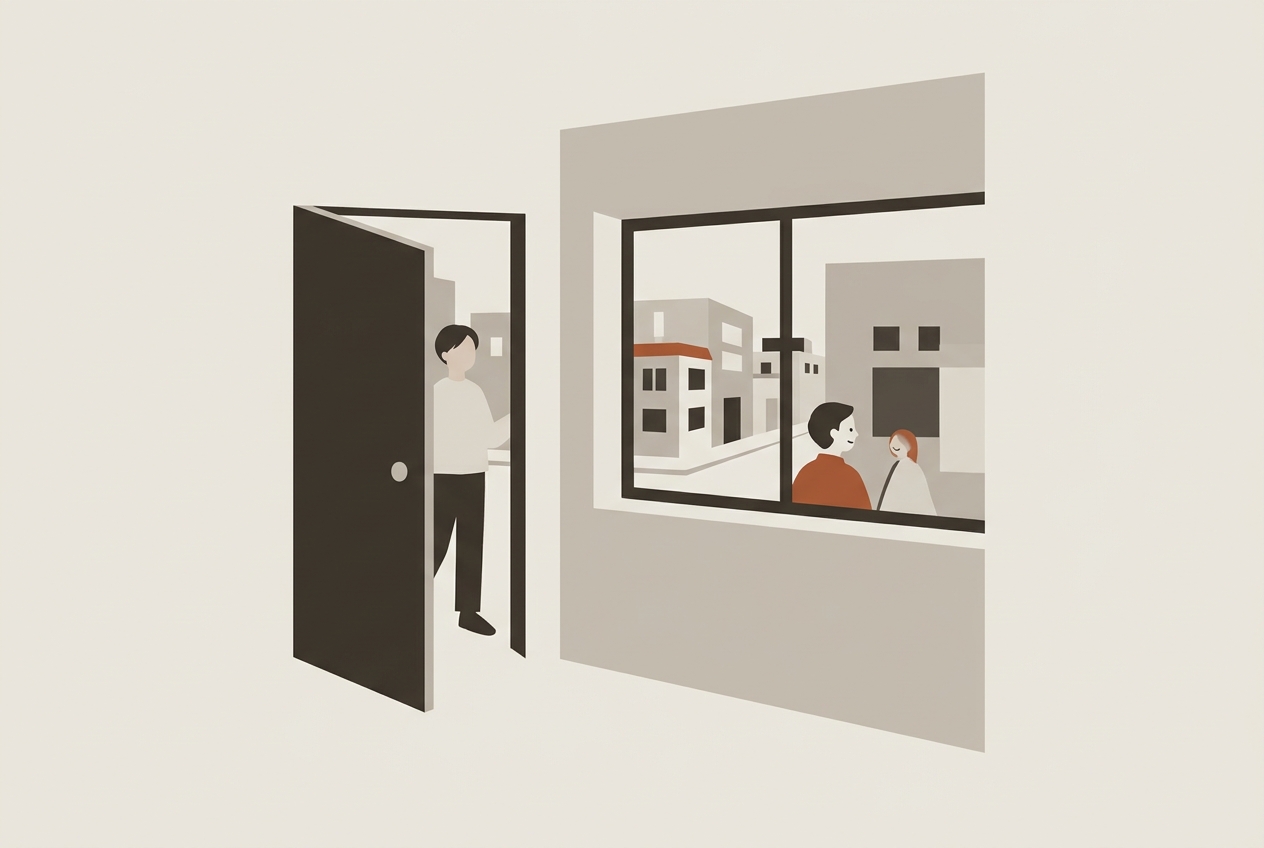 開かれた扉や窓から穏やかな街並みを望む抽象的なイラスト