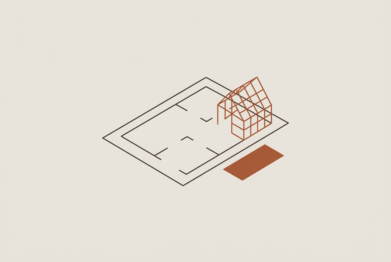 朝の光を浴びる何もない土地を描いた、抽象的な建築線画のイラスト